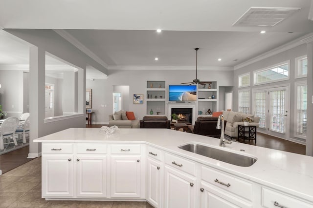 2772 Latrobe Ct, Mount Pleasant, SC 29466 - kitchen featuring a sink, open floor plan, ceiling fan, ornamental molding, and a warm lit fireplace