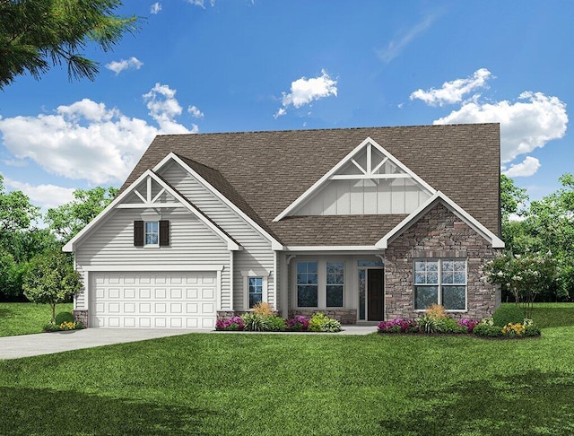 craftsman inspired home with concrete driveway, a front yard, roof with shingles, a garage, and stone siding