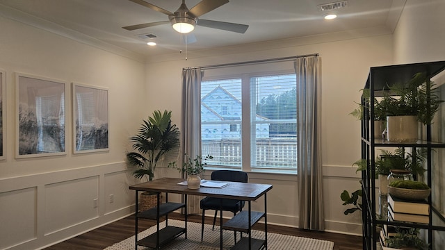 office space featuring visible vents, plenty of natural light, and dark wood finished floors