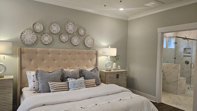 bedroom featuring visible vents, crown molding, baseboards, marble finish floor, and ensuite bath