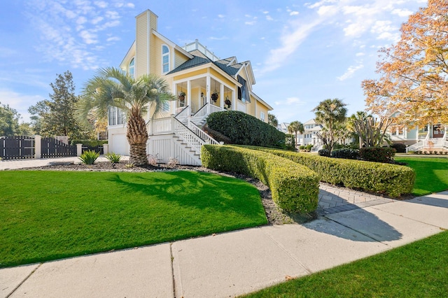 view of front of house featuring covered porch, stairway, and a front yard