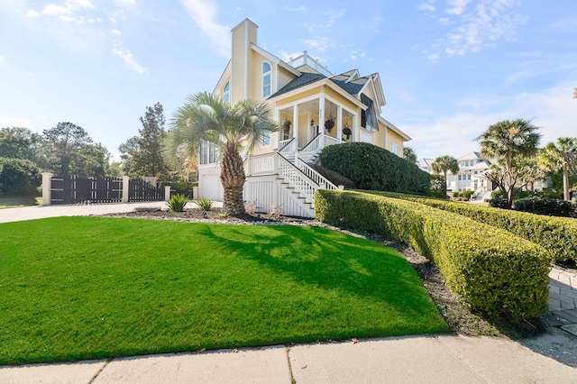 view of front facade with a porch, stairway, and a front lawn