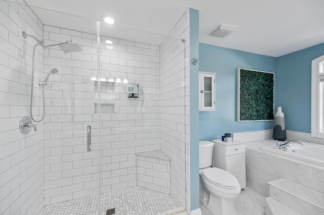 full bathroom with toilet, a garden tub, a shower stall, and visible vents