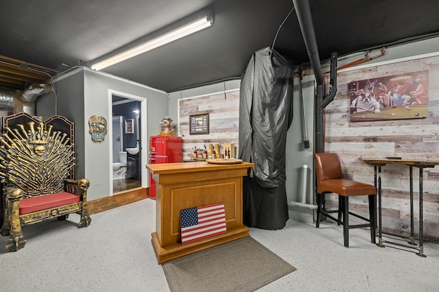 sitting room featuring wood walls