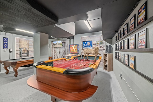 recreation room with pool table and speckled floor