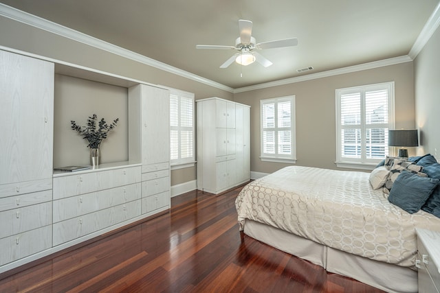 bedroom featuring baseboards, visible vents, a ceiling fan, ornamental molding, and wood finished floors