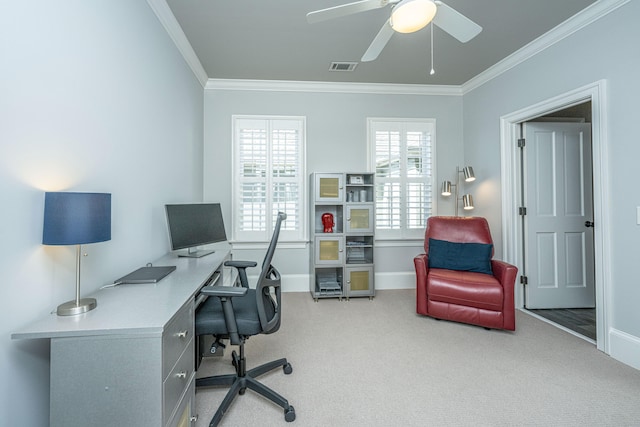 office featuring visible vents, ornamental molding, carpet flooring, ceiling fan, and baseboards