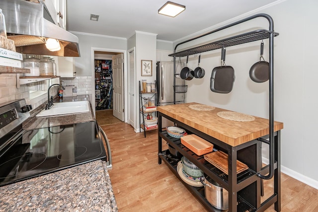 kitchen with a sink, crown molding, stainless steel appliances, and under cabinet range hood
