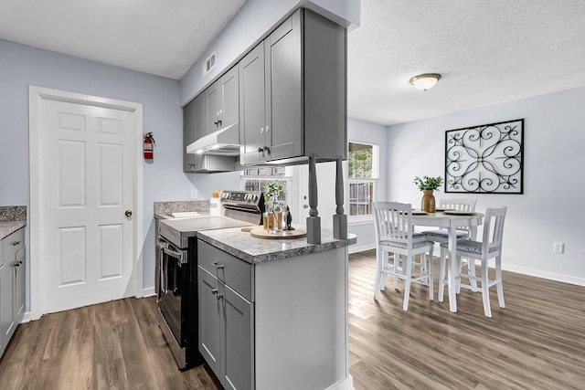 kitchen with stainless steel range with electric stovetop, under cabinet range hood, dark wood-style floors, and gray cabinetry