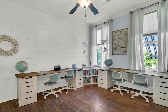 1325 Whisker Pole Ln, Mount Pleasant, SC 29466 - office area featuring dark wood-style floors, ceiling fan, and crown molding