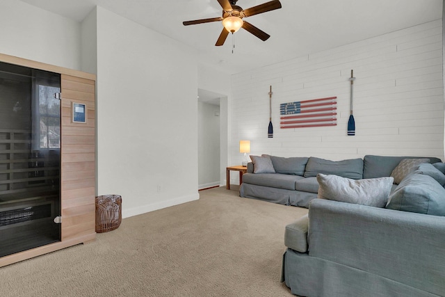 1325 Whisker Pole Ln, Mount Pleasant, SC 29466 - living room featuring carpet floors, a ceiling fan, baseboards, and a relaxing sauna