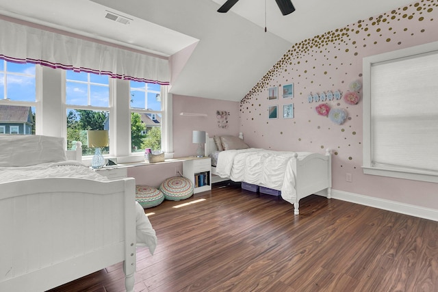 1325 Whisker Pole Ln, Mount Pleasant, SC 29466 - bedroom with lofted ceiling, wood finished floors, wallpapered walls, a ceiling fan, and baseboards