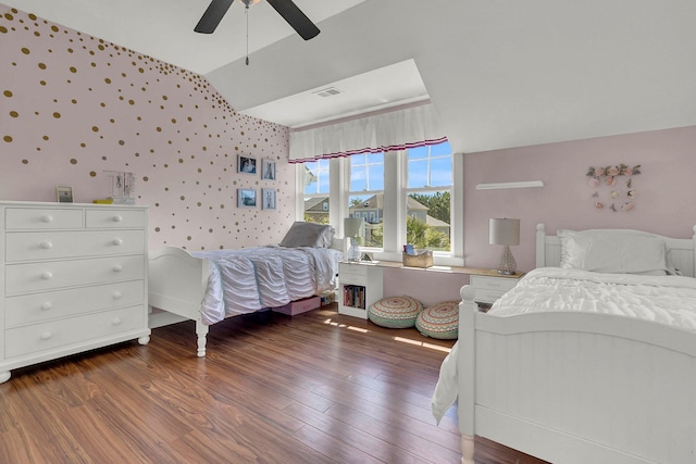 1325 Whisker Pole Ln, Mount Pleasant, SC 29466 - bedroom with wood finished floors, lofted ceiling, a ceiling fan, and wallpapered walls