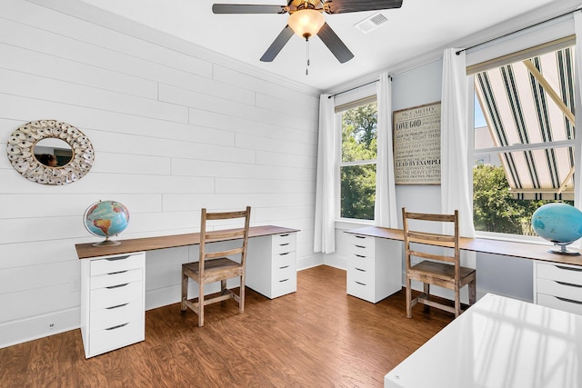 1325 Whisker Pole Ln, Mount Pleasant, SC 29466 - office featuring a ceiling fan, wood finished floors, and wooden walls