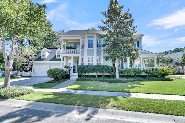 view of front facade featuring a front lawn and a balcony