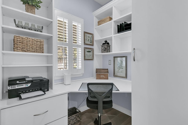 office space with hardwood / wood-style floors and built in desk