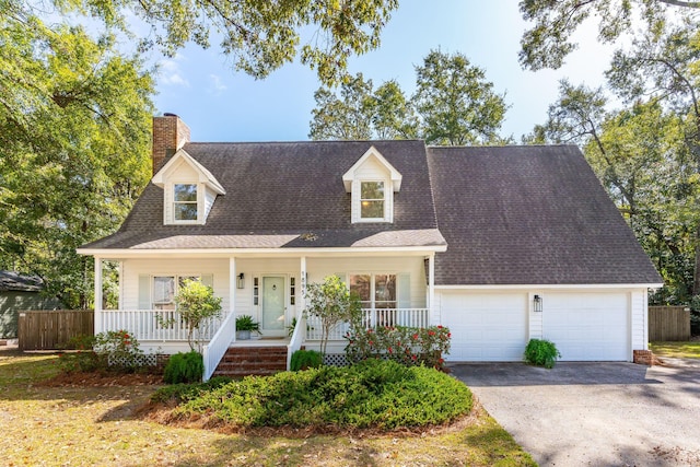 cape cod house featuring covered porch and a garage