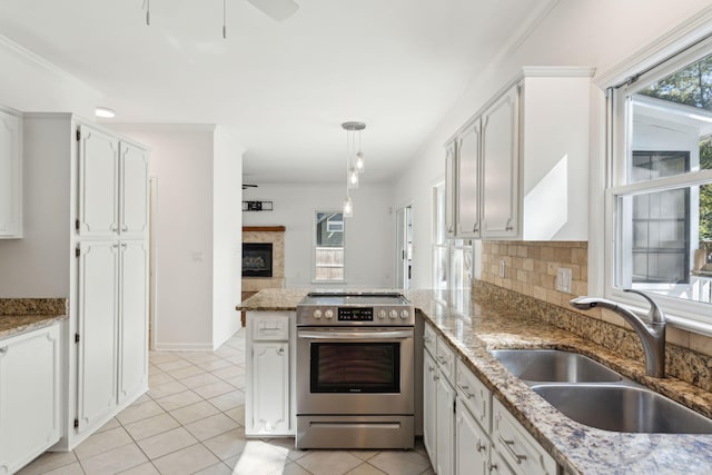 kitchen with kitchen peninsula, white cabinets, sink, and stainless steel range with electric cooktop