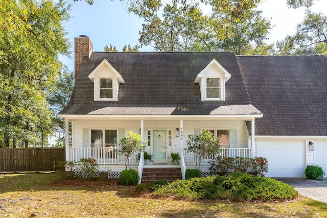 cape cod-style house featuring a porch and a garage