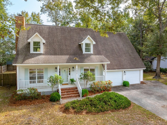 cape cod house with covered porch and a garage