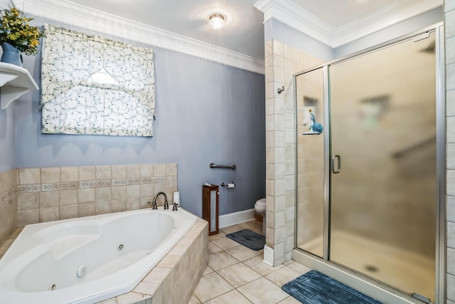 bathroom featuring tile patterned floors, toilet, plus walk in shower, and ornamental molding