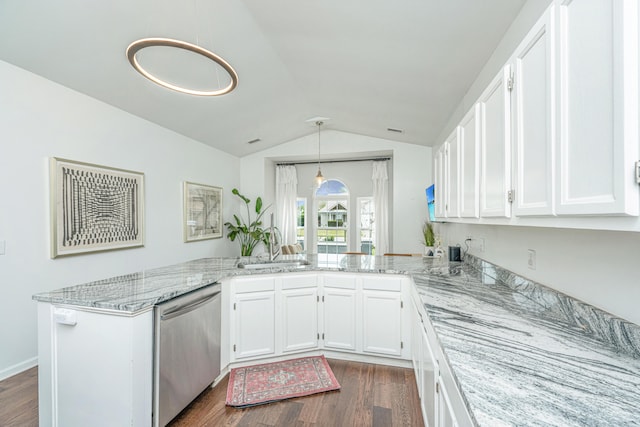 kitchen featuring kitchen peninsula, white cabinets, and stainless steel dishwasher