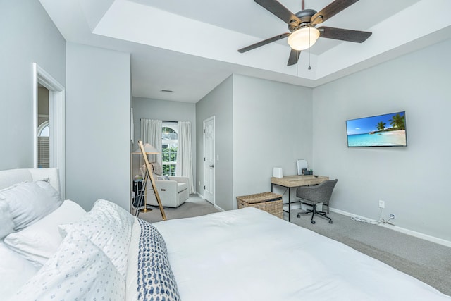 bedroom featuring light colored carpet and ceiling fan