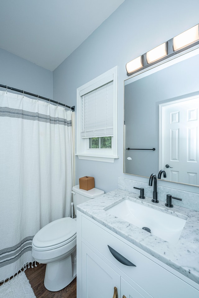 bathroom with vanity, hardwood / wood-style flooring, and toilet