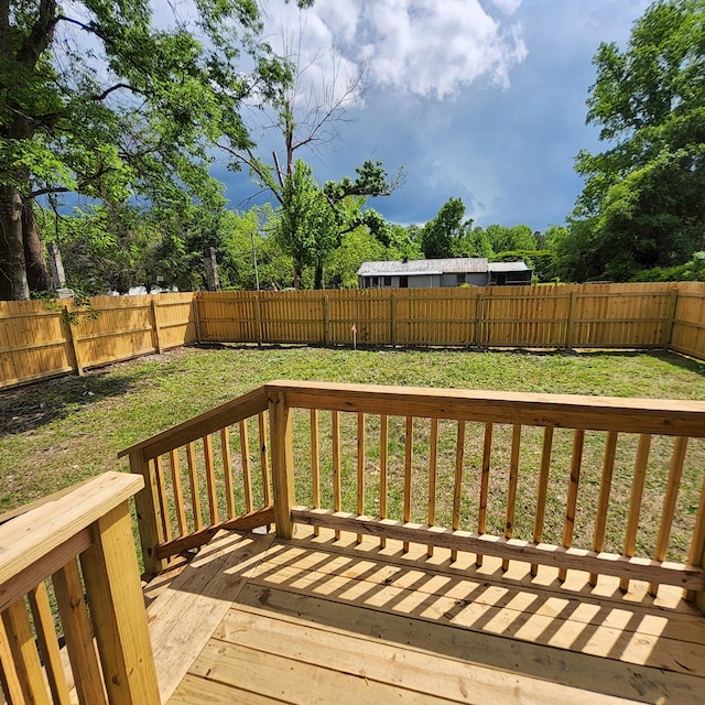 deck with a fenced backyard and a lawn