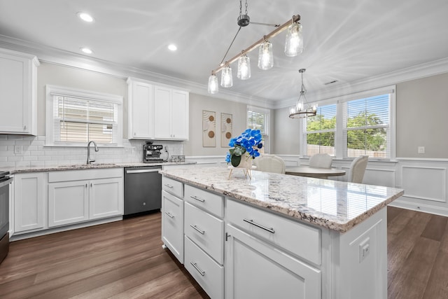 4319 Bream Rd, Charleston, SC 29418 - kitchen featuring dishwasher, ornamental molding, a kitchen island, plenty of natural light, and a chandelier