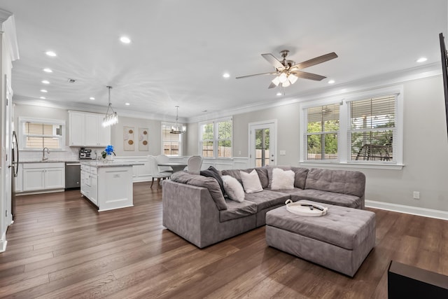 4319 Bream Rd, Charleston, SC 29418 - living area featuring ornamental molding, recessed lighting, ceiling fan, dark wood finished floors, and a chandelier