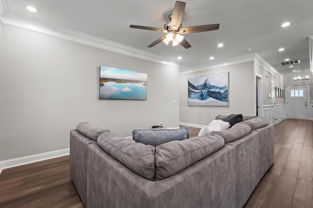 4319 Bream Rd, Charleston, SC 29418 - living room with dark wood-type flooring, recessed lighting, crown molding, and a ceiling fan