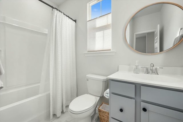 full bathroom with toilet, vanity, and shower / tub combo with curtain