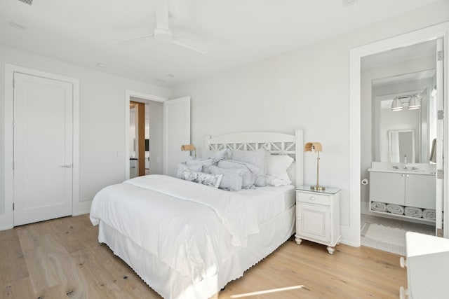 bedroom with ceiling fan and light hardwood / wood-style flooring