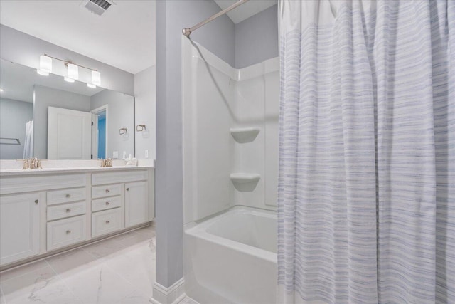 bathroom with shower / tub combo, visible vents, a sink, and double vanity