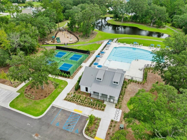 drone / aerial view featuring a water view