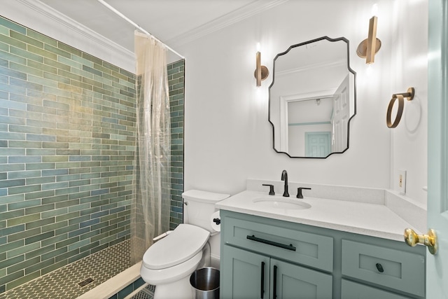 bathroom featuring walk in shower, ornamental molding, vanity, and toilet