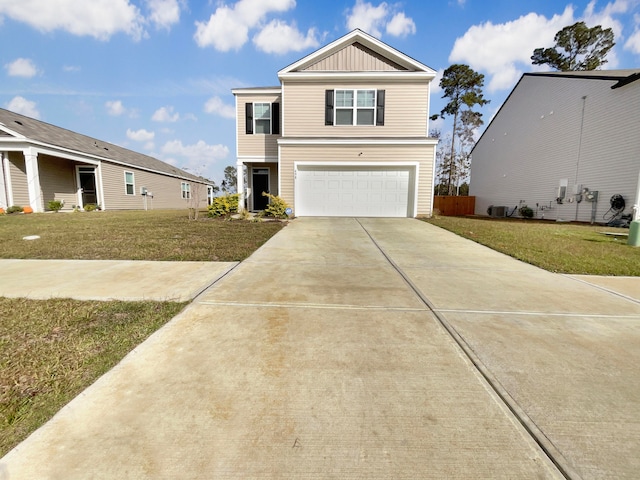 view of front of property featuring central AC unit, a garage, and a front yard