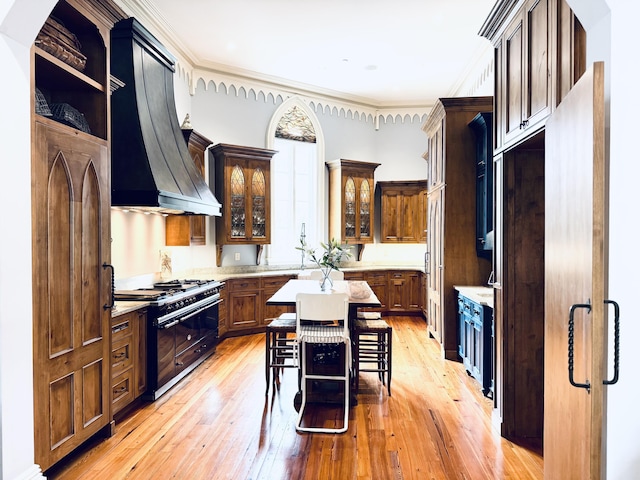 174 N Shelmore Blvd, Mount Pleasant, SC 29464 - kitchen featuring range with two ovens, custom exhaust hood, light wood finished floors, light countertops, and glass insert cabinets