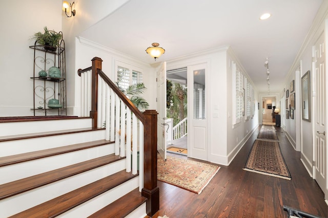 entrance foyer featuring dark hardwood / wood-style floors and ornamental molding