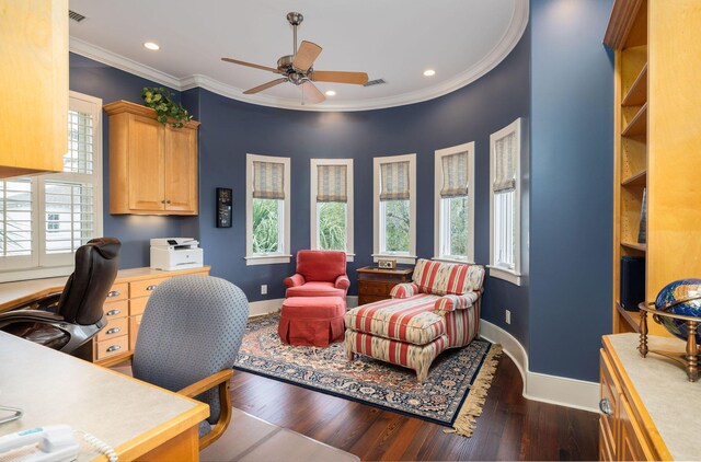 office area featuring ceiling fan, crown molding, and dark wood-type flooring