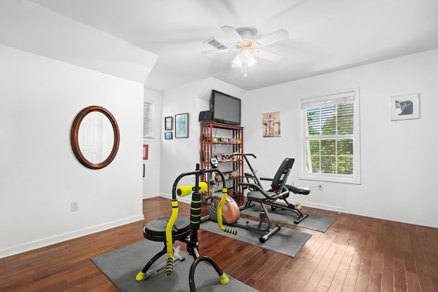 exercise area with ceiling fan and dark hardwood / wood-style floors