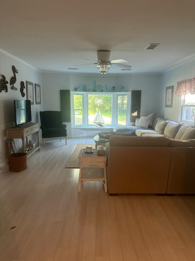 living room with ceiling fan, ornamental molding, and light hardwood / wood-style flooring