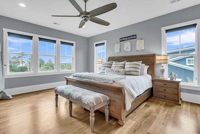 bedroom with ceiling fan and light wood-type flooring