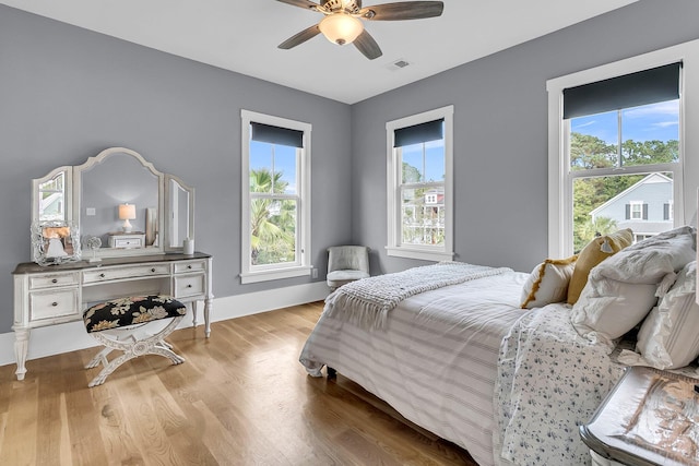 bedroom featuring light wood-type flooring and ceiling fan