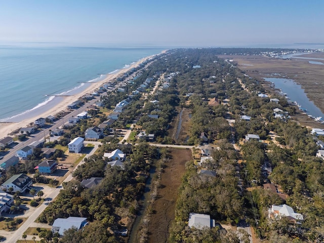 aerial view featuring a view of the beach and a water view