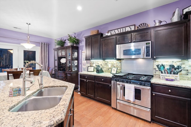 kitchen featuring light wood finished floors, visible vents, appliances with stainless steel finishes, a sink, and backsplash