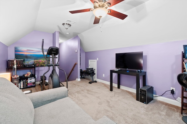 living room featuring carpet flooring, a ceiling fan, visible vents, vaulted ceiling, and baseboards