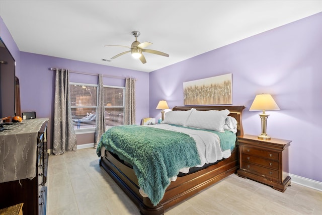 bedroom with visible vents, ceiling fan, and baseboards