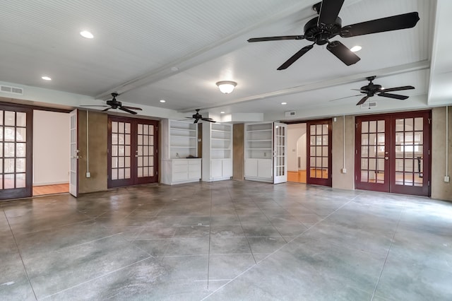 unfurnished room with recessed lighting, visible vents, beam ceiling, and french doors